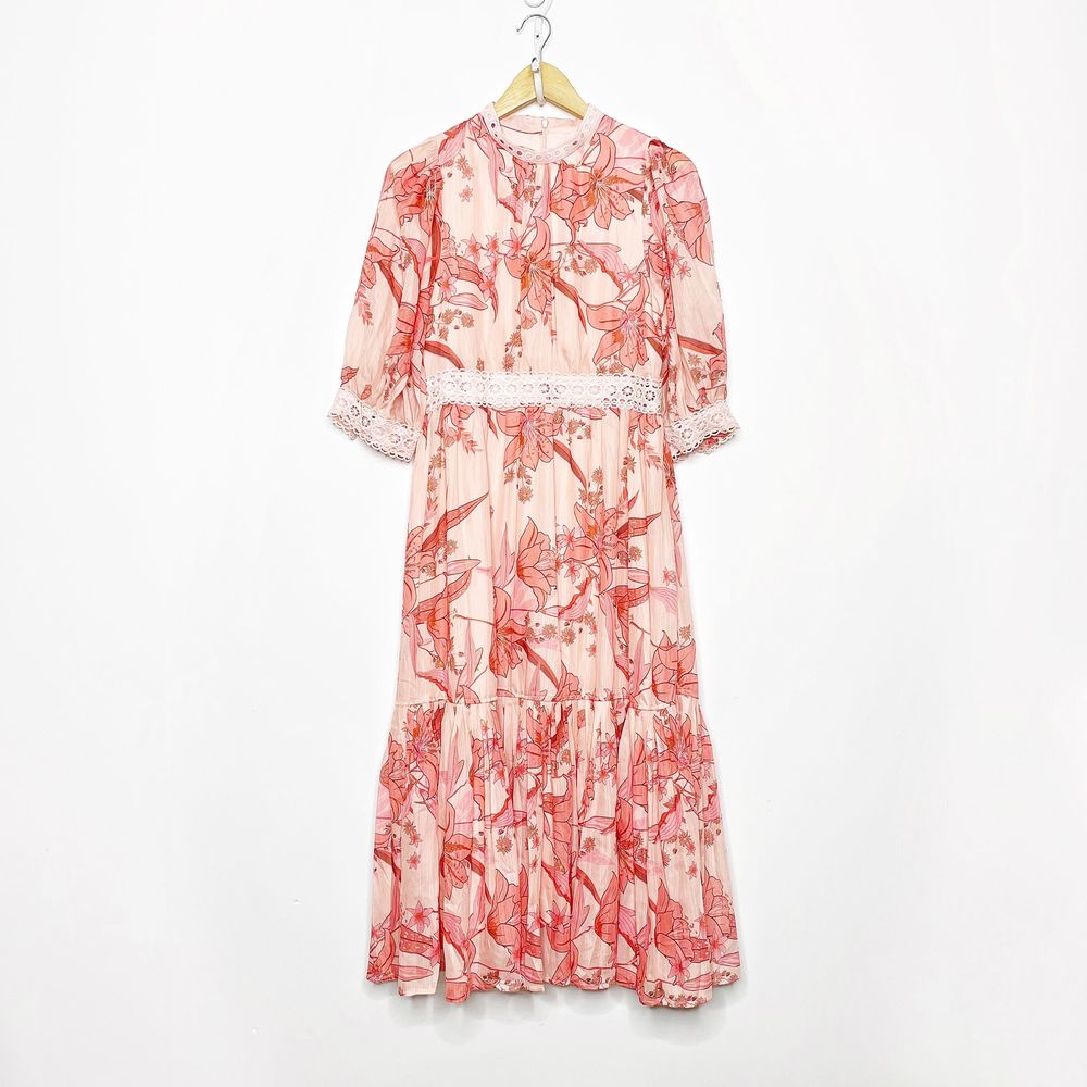 BURRYCO Pink Floral midi dress retro modest womens boho US 6 NWT